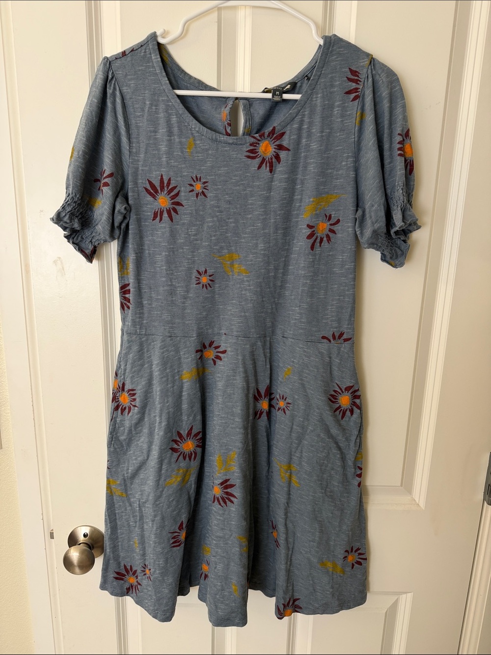 Toad&Co Blue Floral Midi Dress with Burgundy & Yellow Accents